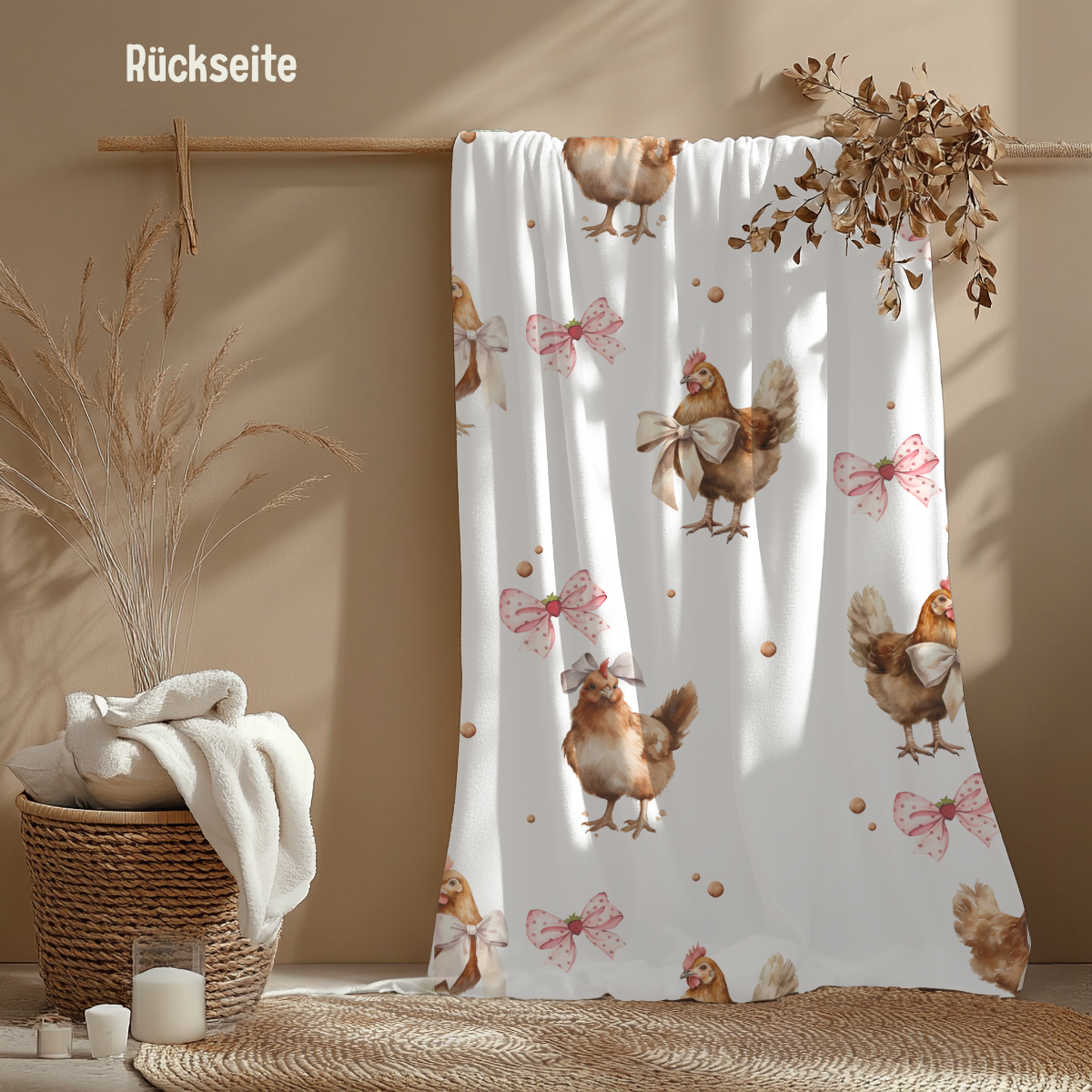 Babydecke Dorfkind Name Mädels Motiv Huhn mit Schleife