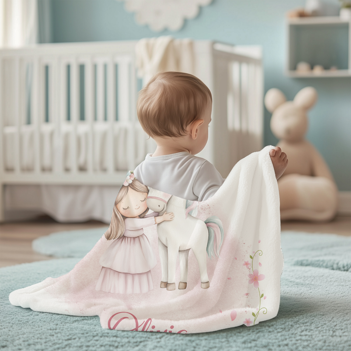 personalisierte Fleece Babydecke Einhornliebe leichtes Fleece, weich, rosa Blütenranken