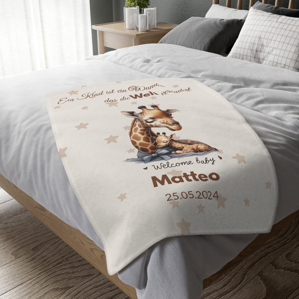 Babydecke Giraffe Name Spruch Material Nahaufnahme