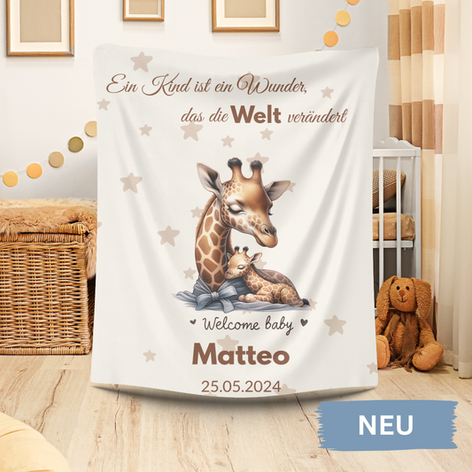 Babydecke Giraffe Name Spruch einzigartiges liebevolles Motiv mit Giraffen und Sterne
