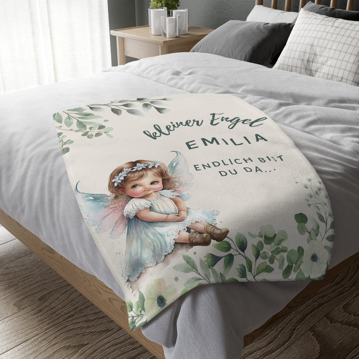 Babydecke Name Datum Engelmotiv Mikrofaserfleece, weich, kuschelig, straazierfähig