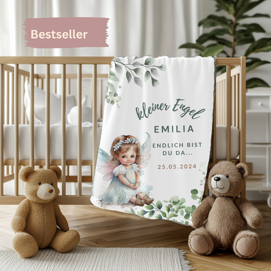 Babydecke Name Datum Engelmotiv Vorderseite mit einzigartigen Design