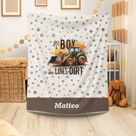 Babydecke personalisiert Bagger, cooles Motiv mit Bagger, braune Punkte, Name
