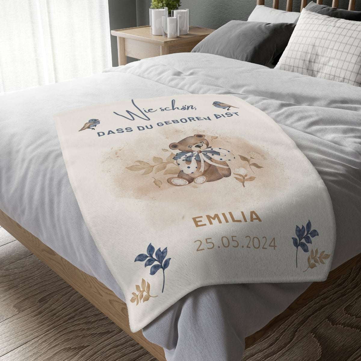 Babydecke Teddy Name Spruch personalisierbar, brillante Farben