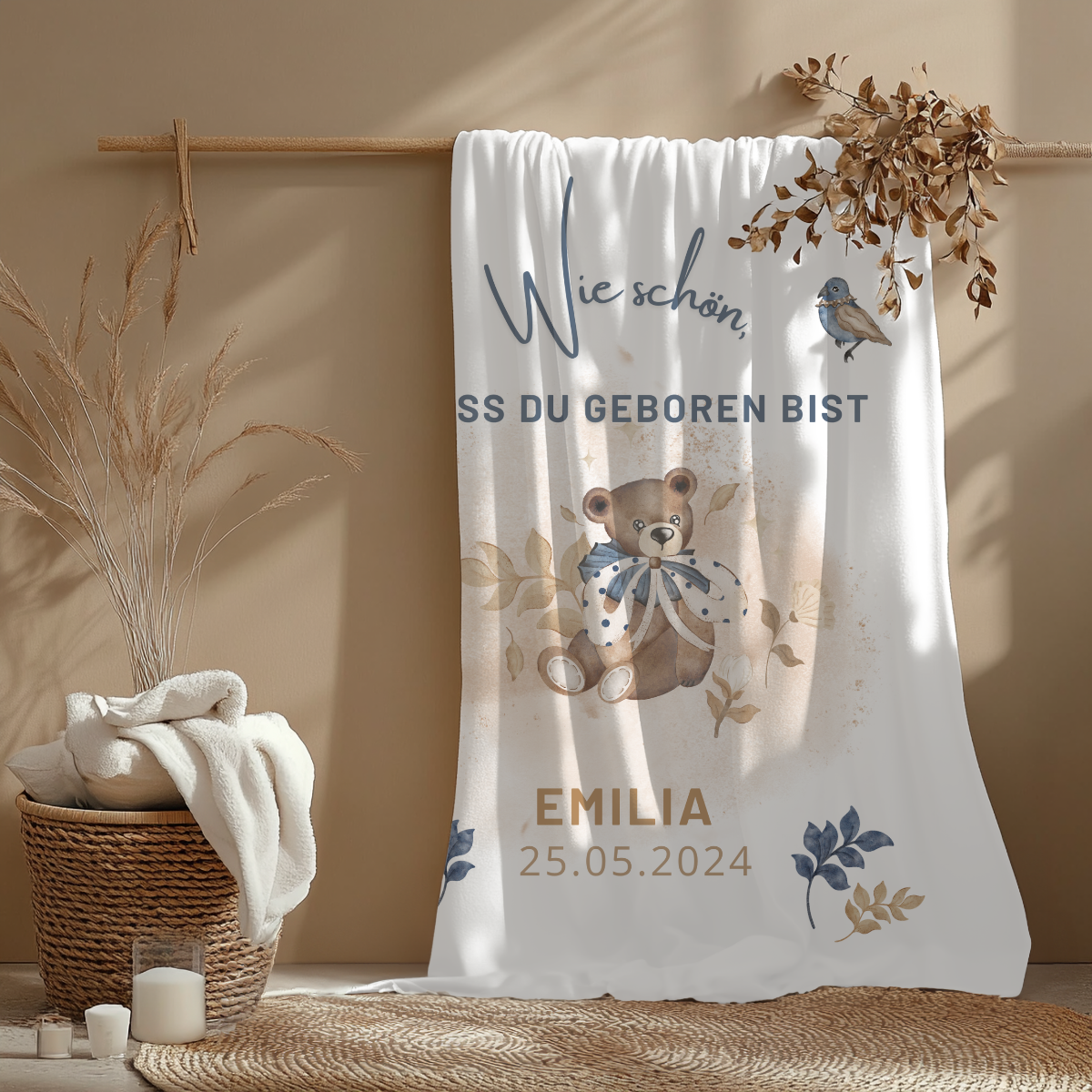 Babydecke Teddy Name Spruch Eyecatcher im Kinderzimmer