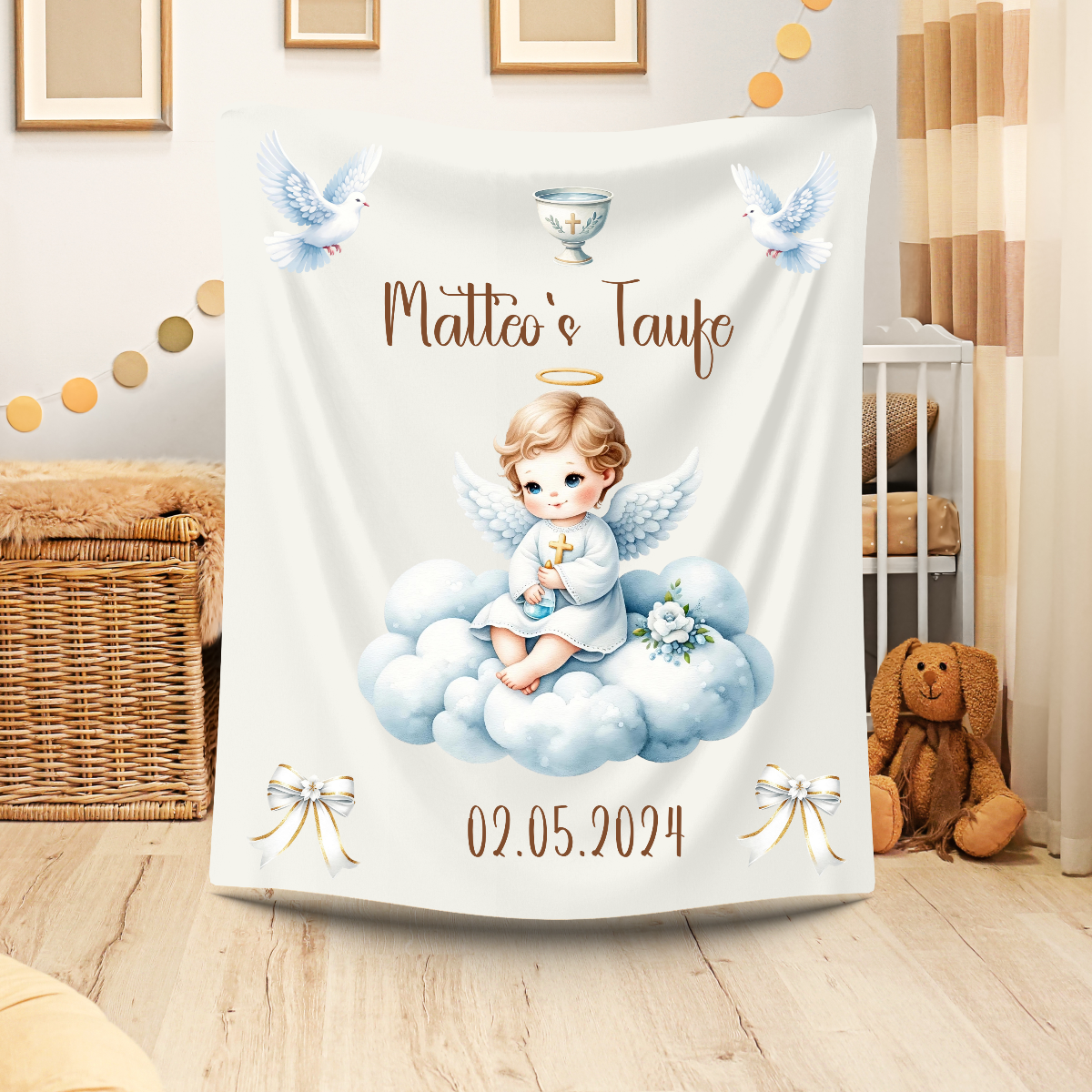 Geschenk Taufe Junge Babydecke personalisiert Name Datum
