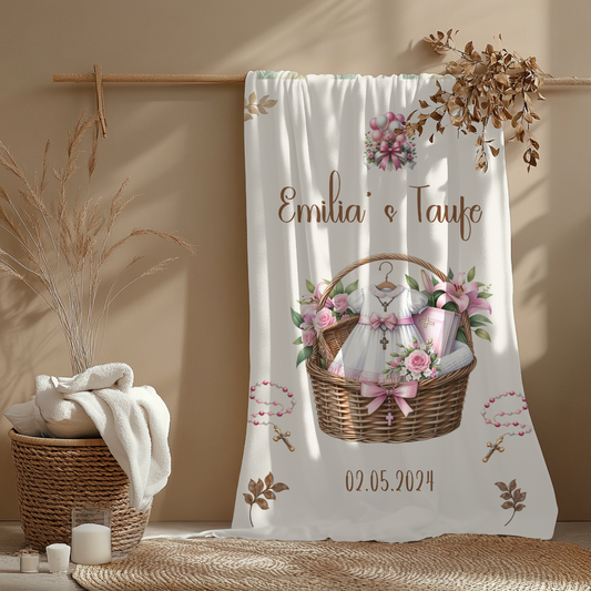 Geschenk Taufe Mädchen Babydecke-personalisiert Vorderseite Motiv Taufkleid