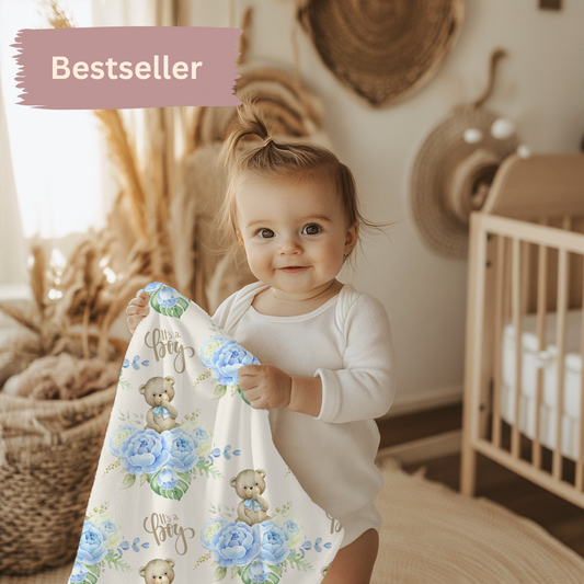 Kinderwagendecke it's a boy mit Teddy und blauen Blumen, liebevoll und extravagant