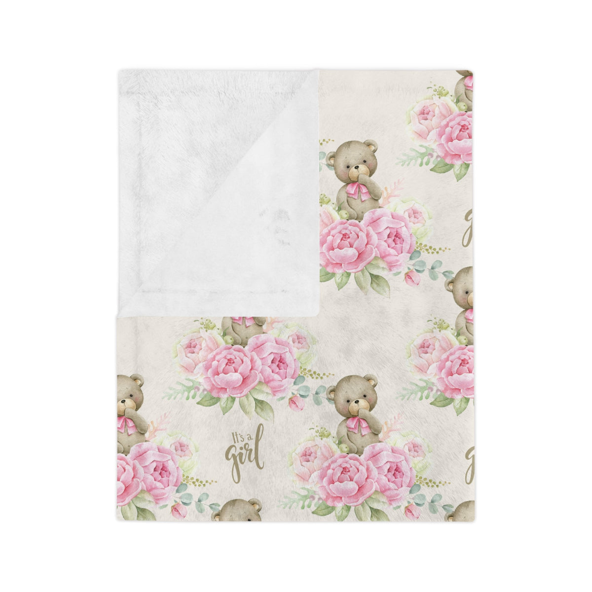 Babydecke its-a girl für Mädchen mit Teddy und Rosen gefaltet, weiche Mikrofaser