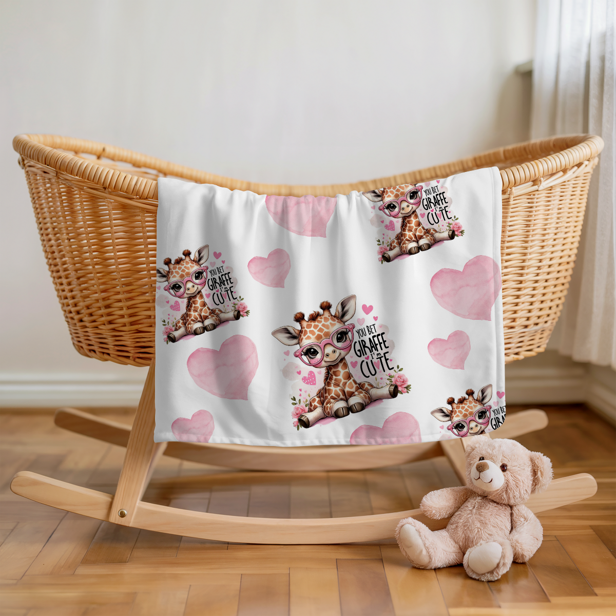 babydecke mit frecher giraffe alltagsfähig, robust, gesäumte Kanten, Rückseite weiß