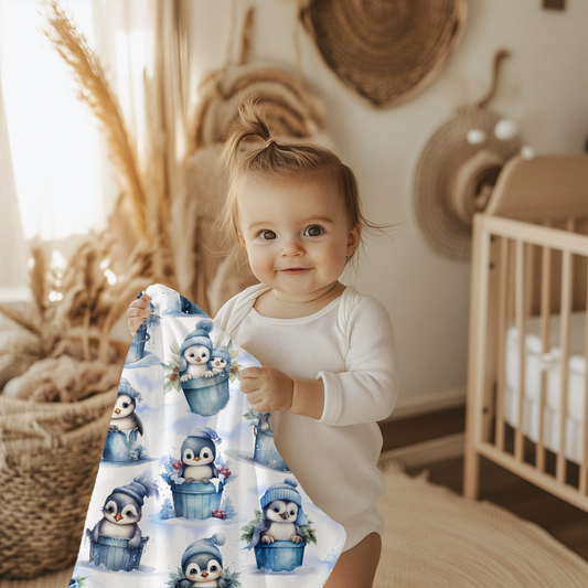 Babydecke mit Pinguin, Vorderseite mit lustigen und frechen Pinguine, Hintergrund weiß