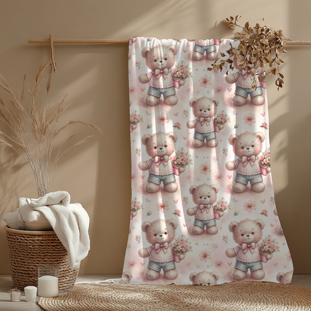 Kinderwagendecke Teddy mit Blumen flauschig, warm & weich
