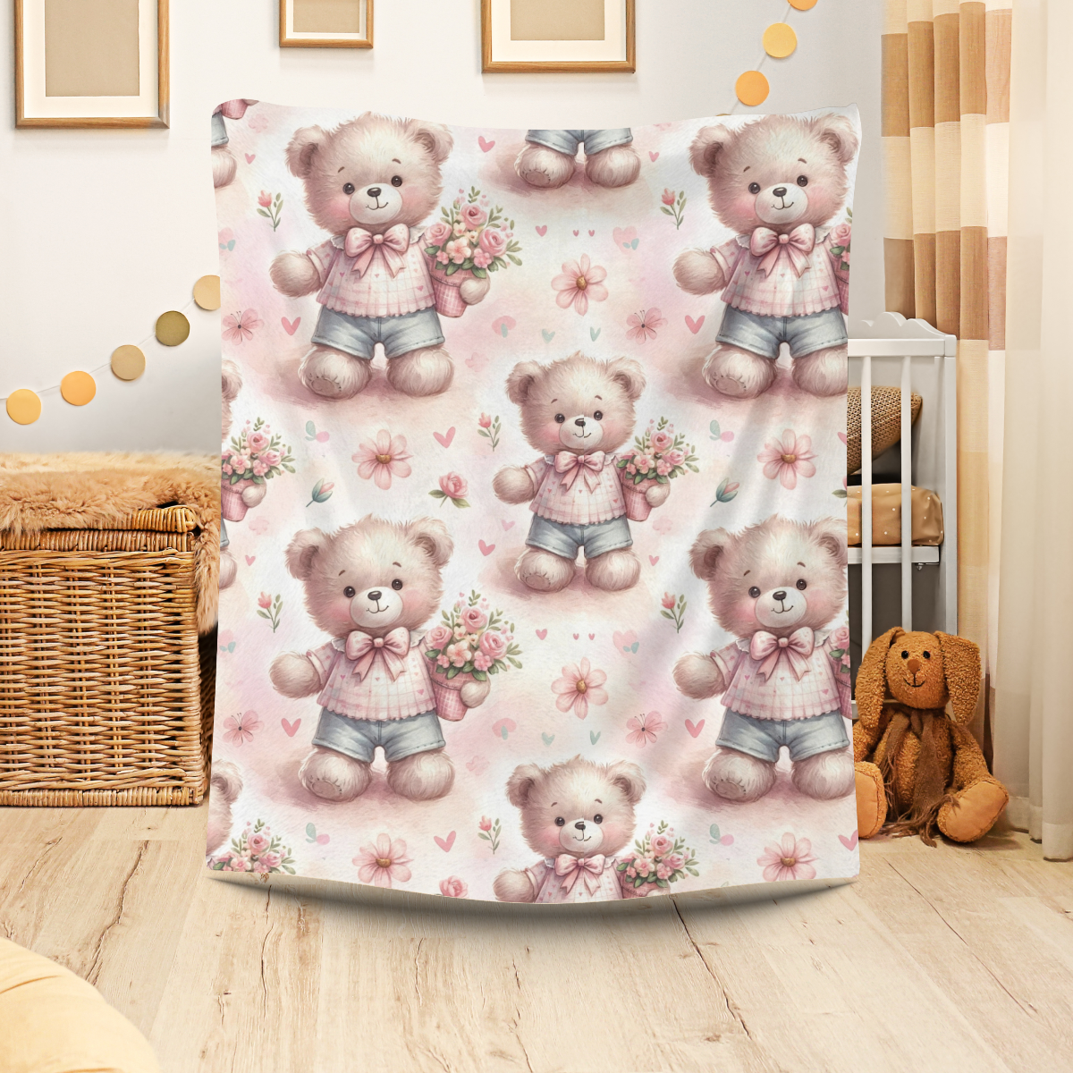 Kinderwagendecke Teddy mit Blumen Größe 70x100 cm ,gesäumte Kanten