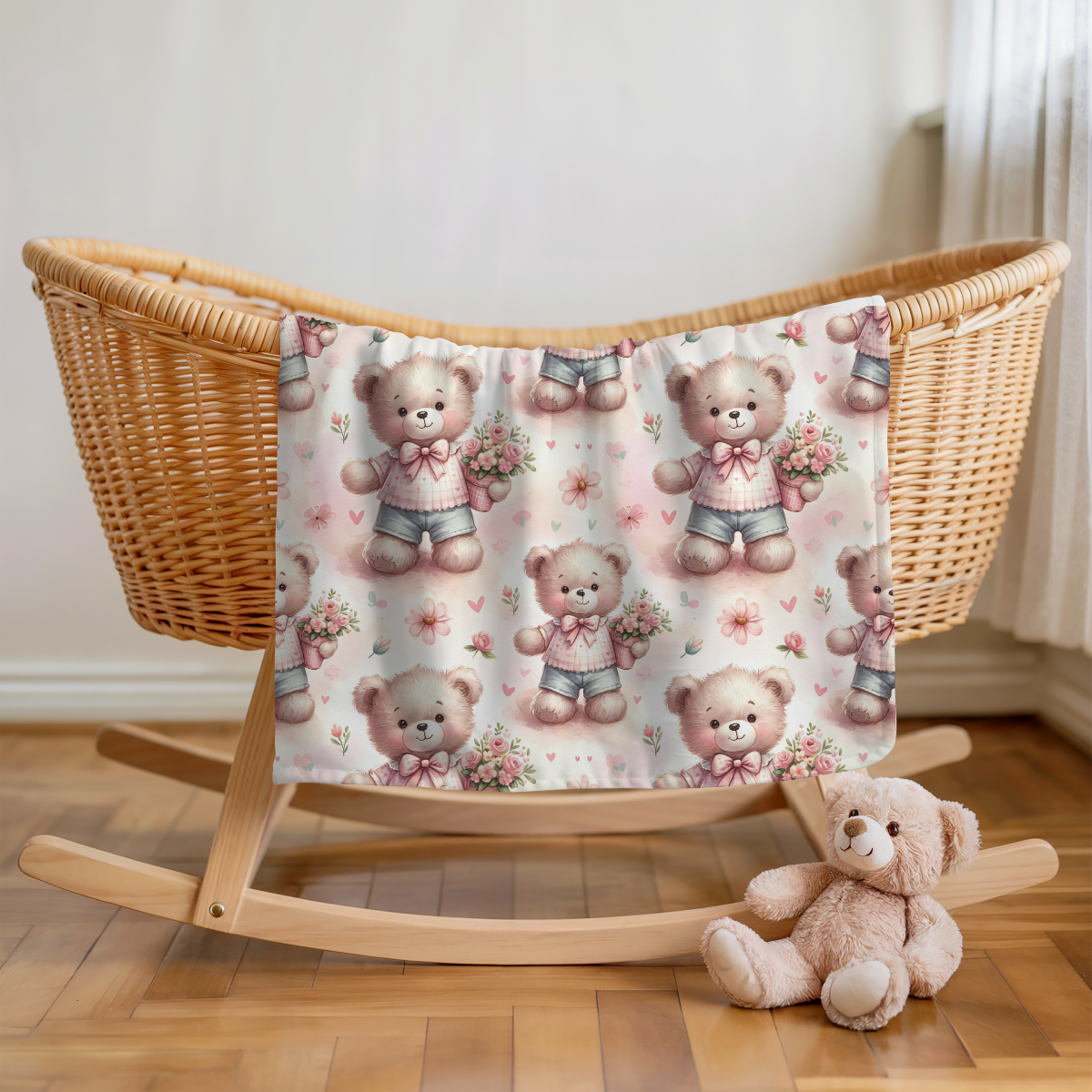 Kinderwagendecke Teddy mit Blumen flauschige Mikrofaser