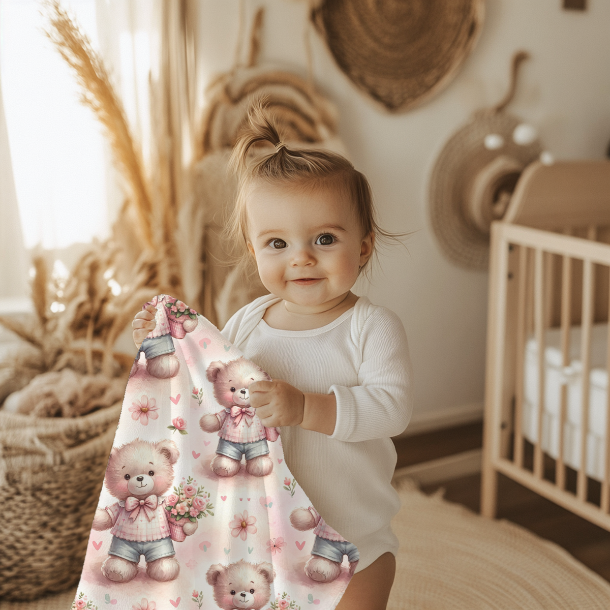 Kinderwagendecke Motiv Vorderseite Teddy mit Blumen, Rückseite weiß