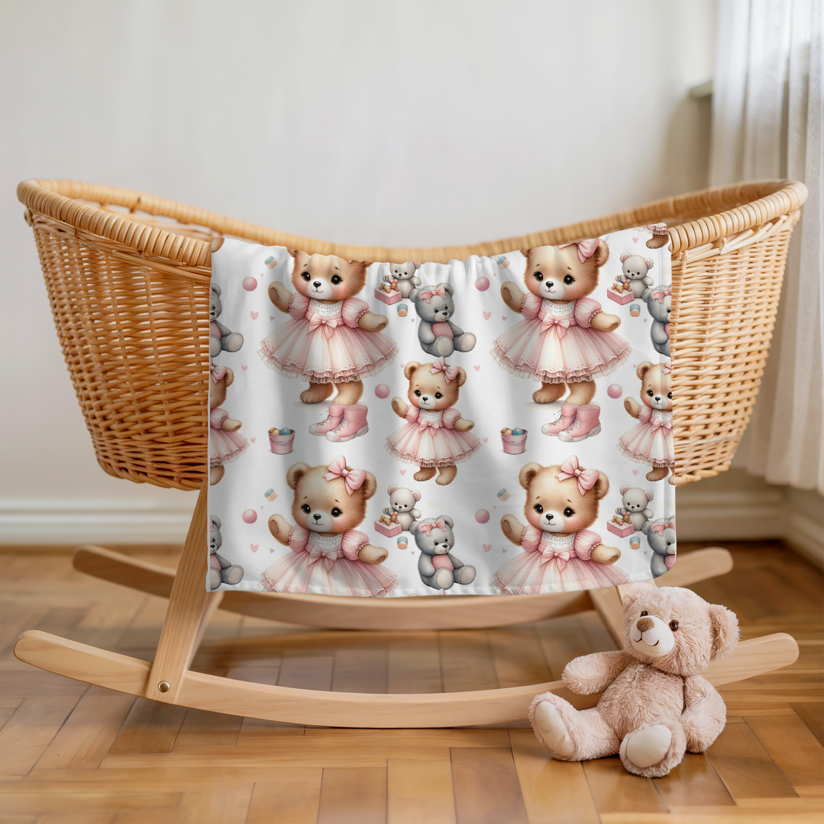 Kinderwagendecke Teddyliebe-rosa Größe 70 x100 cm, gesaümte Kanten
