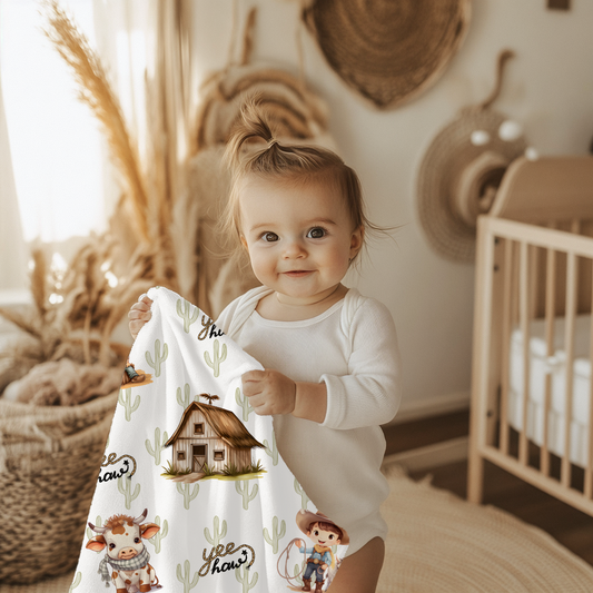 Kinderwagendecke Wilder Westen Motiv mit Kuh, Cowboy, Lasso und coolem Spruch