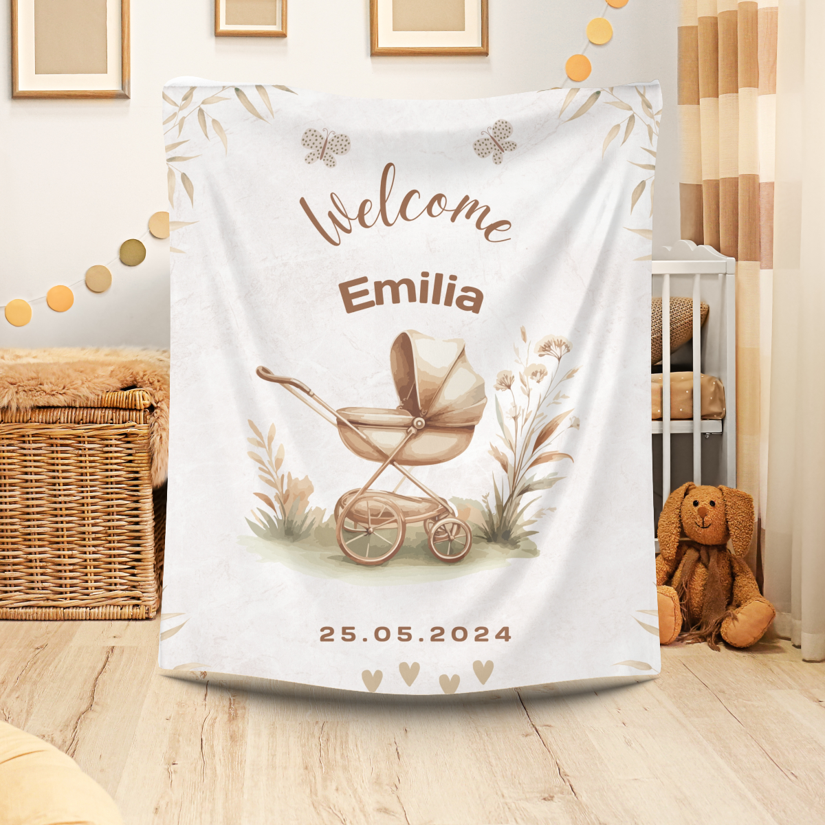 nostalgische Babydecke mit Name Geburtsdatum weich, warm, liebevoll gestaltet