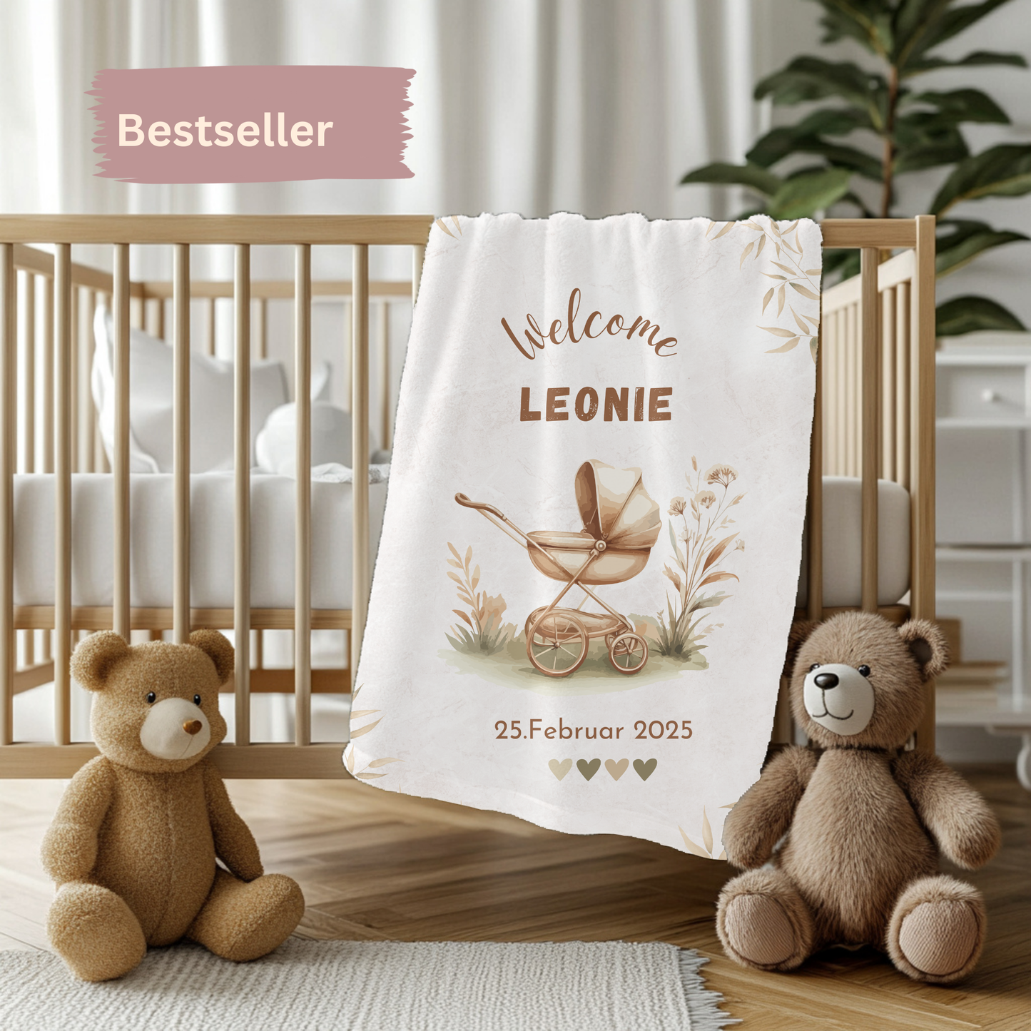nostalgische Babydecke mit Name Geburtsdatum Motiv Kinderwagen
