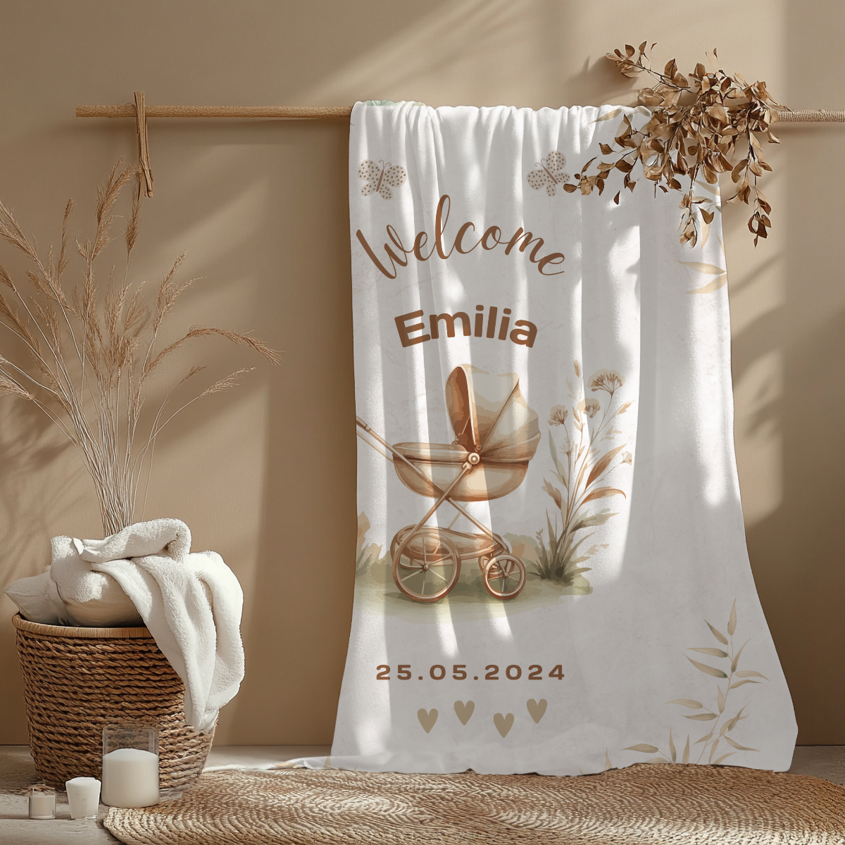 nostalgische Babydecke mit Name Geburtsdatum personalisierbar pflegeleicht