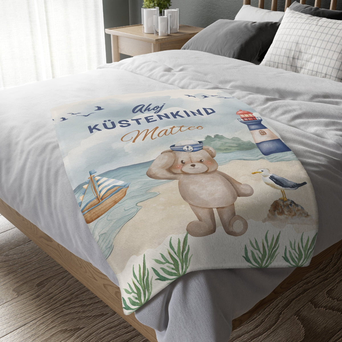 personalisierte Babydecke Küstenkind Material Mikrofaser gesäumte Kanten