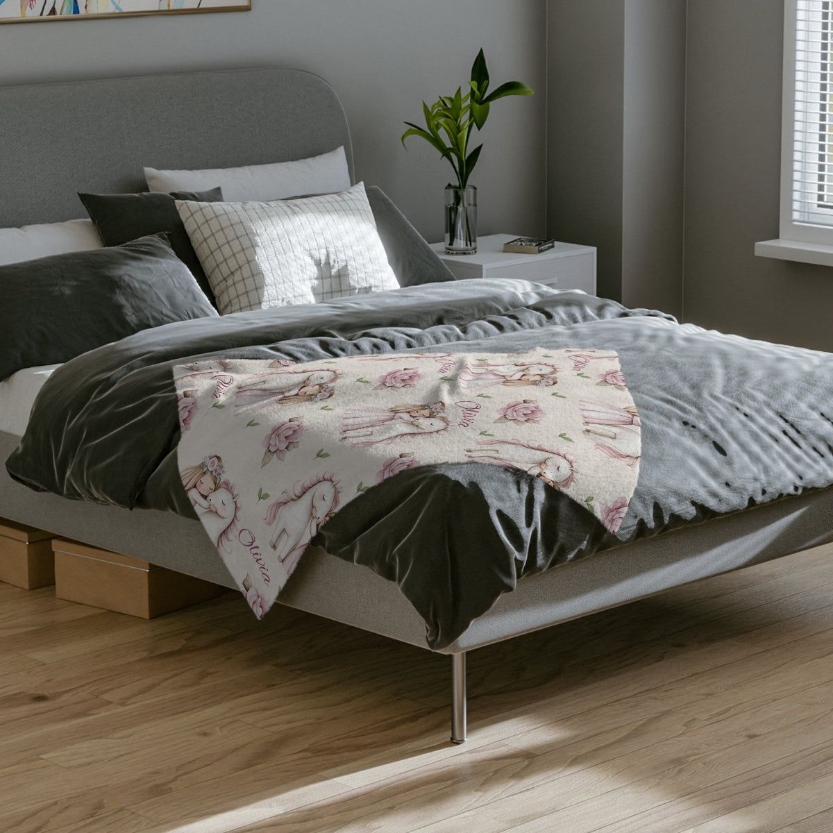 personalisierte Babydecke Mädchen-mit Einhorn gesäumte Kanten, Rückseite weiß