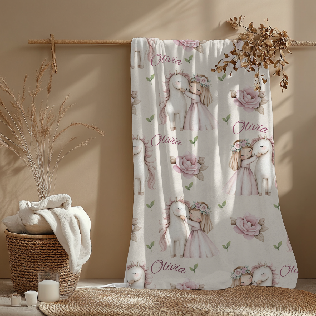 personalisierte Babydecke Mädchen mit Einhorn ideale Größe von 76 x 101 cm