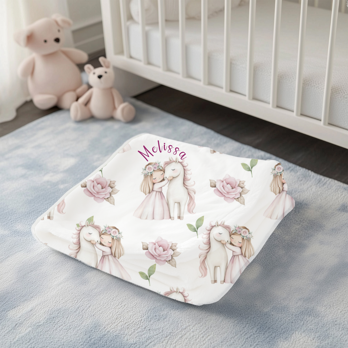 personalisierte babydecke Mädchen mit Einhorn gefaltet, Material Mikrofaser