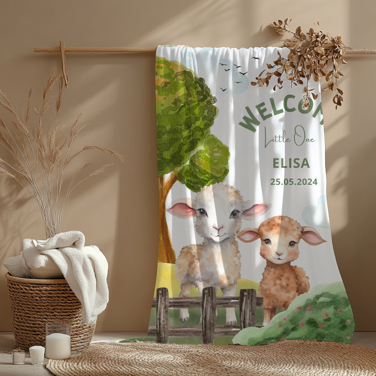 personalisierte Babydecke mit Name, Datum, Schäfchen weich, warm, flauschig