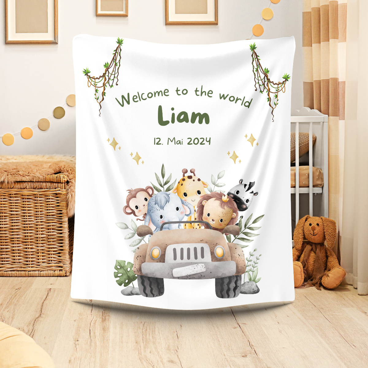 Babydecke Safari mit Name und Dschungelmotiv