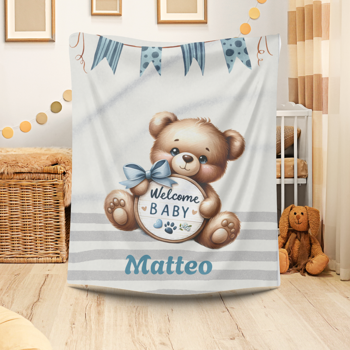 personalisierte Fleece Babydecke welcome Baby strapazierfähig, pflegeleicht, gesäumte Kanten