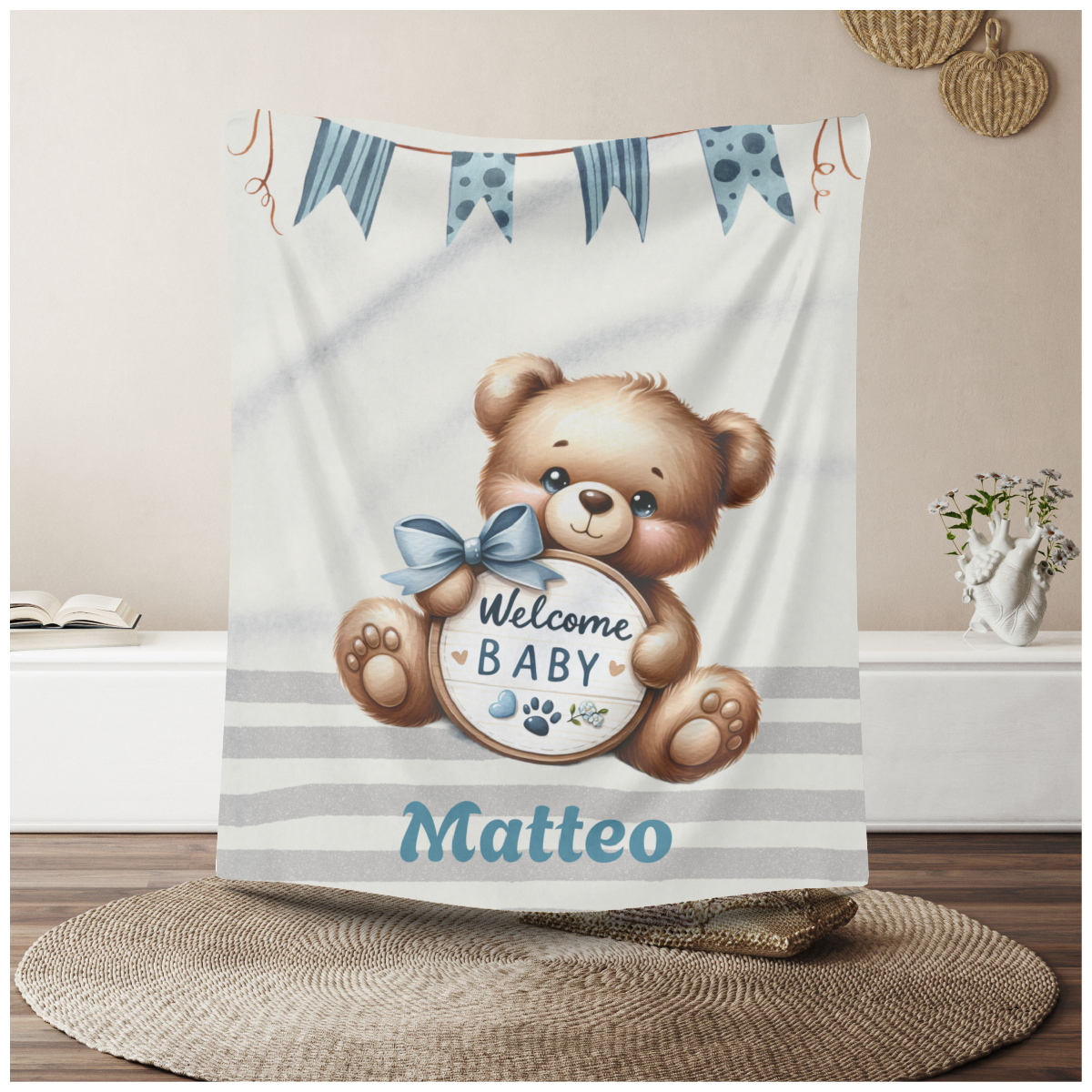 personalisierte Fleece Babydecke welcome Baby Größe 70x100 cm