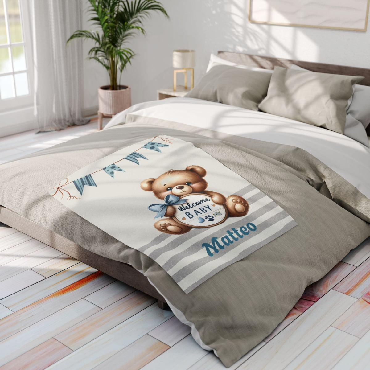 personalisierte Fleece Babydecke welcome Baby für Jungs