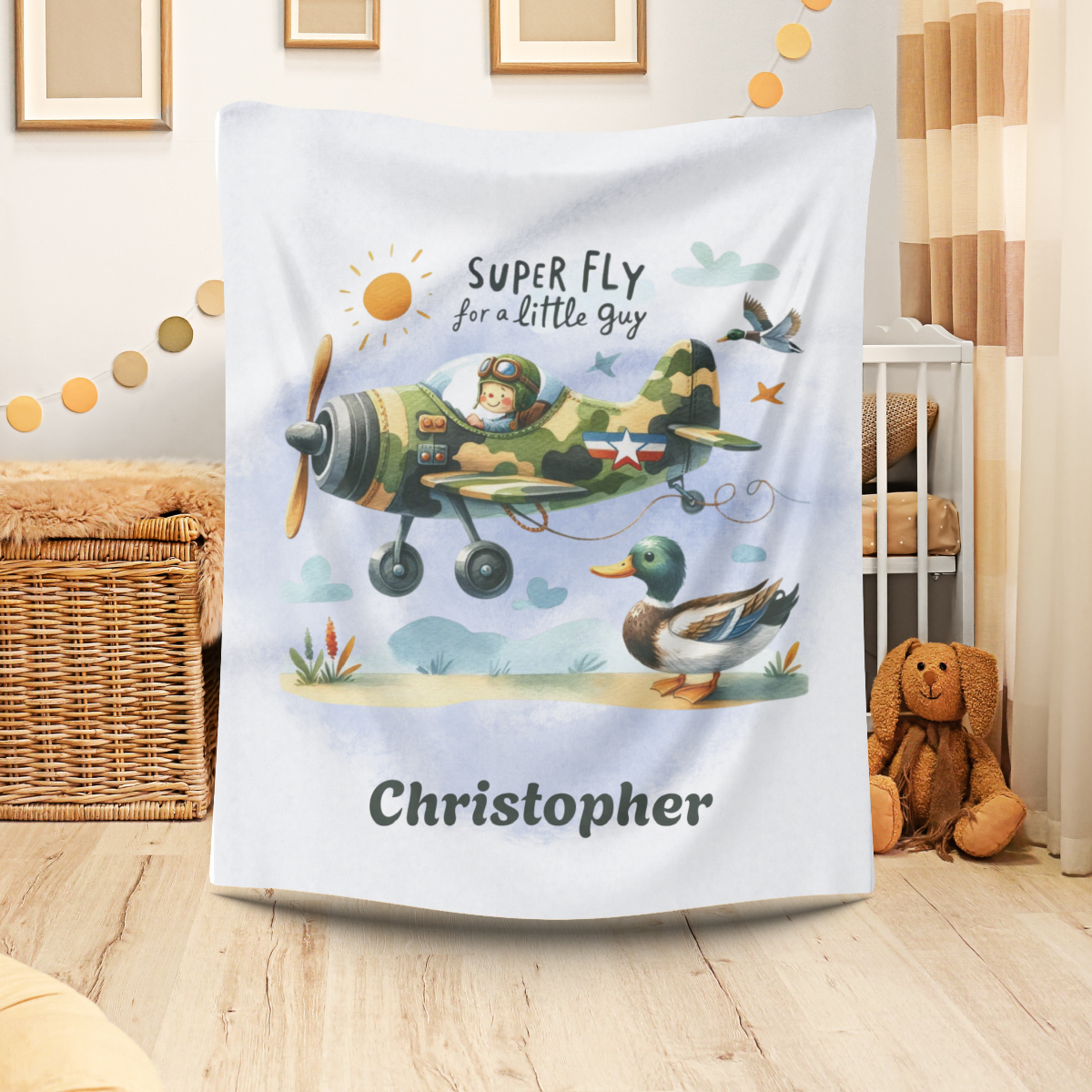 personalisierte Fleecebabydecke mit coolem Fliegermotiv Trockner geeignet, pflegeleicht, cooles Motiv