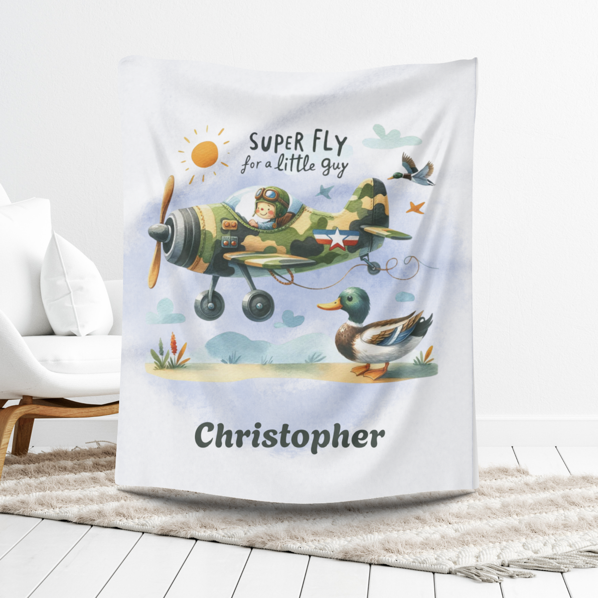 personalisierte Fleecebabydecke mit coolem Fliegermotiv Größe 70x100 cm