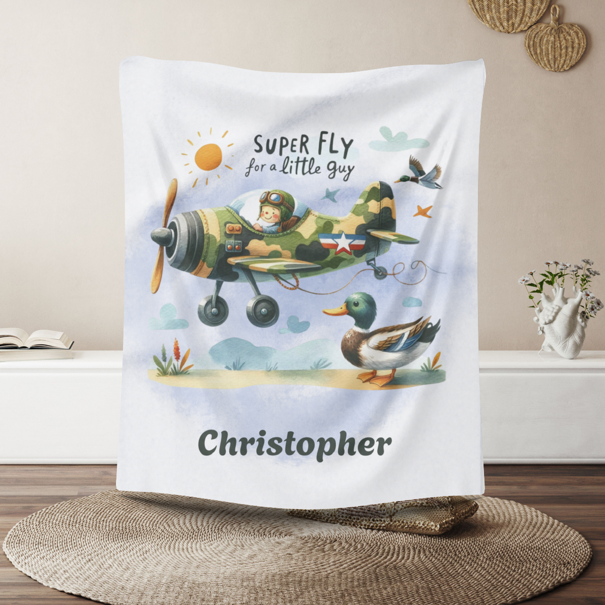 personalisierte Fleecebabydecke mit coolem Fliegermotiv für Jungs