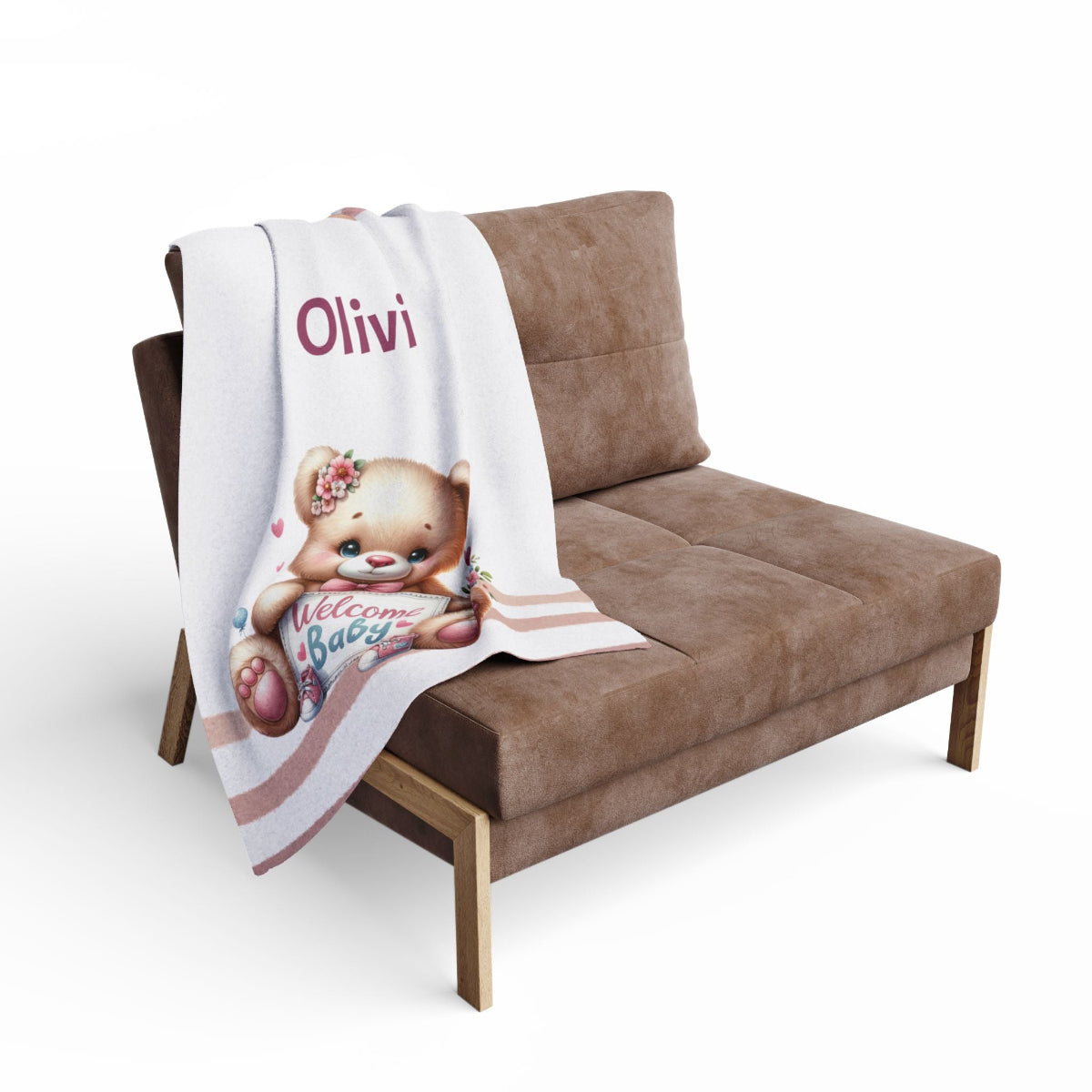 personalisierte Fleecebabydecke Mädchen  und Teddy über Couch