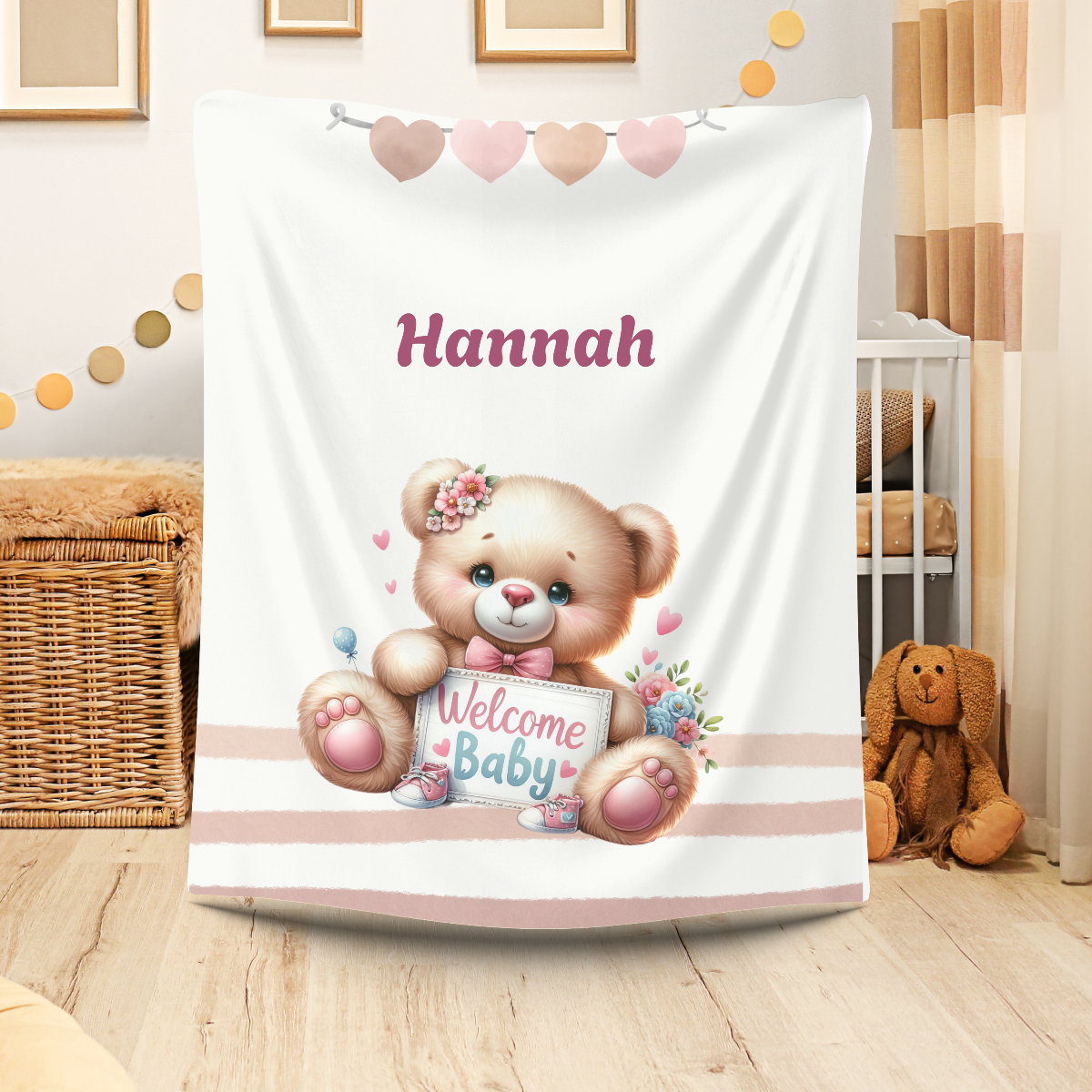 personalisierte Fleecebabydecke Mädchen  und Teddy Name