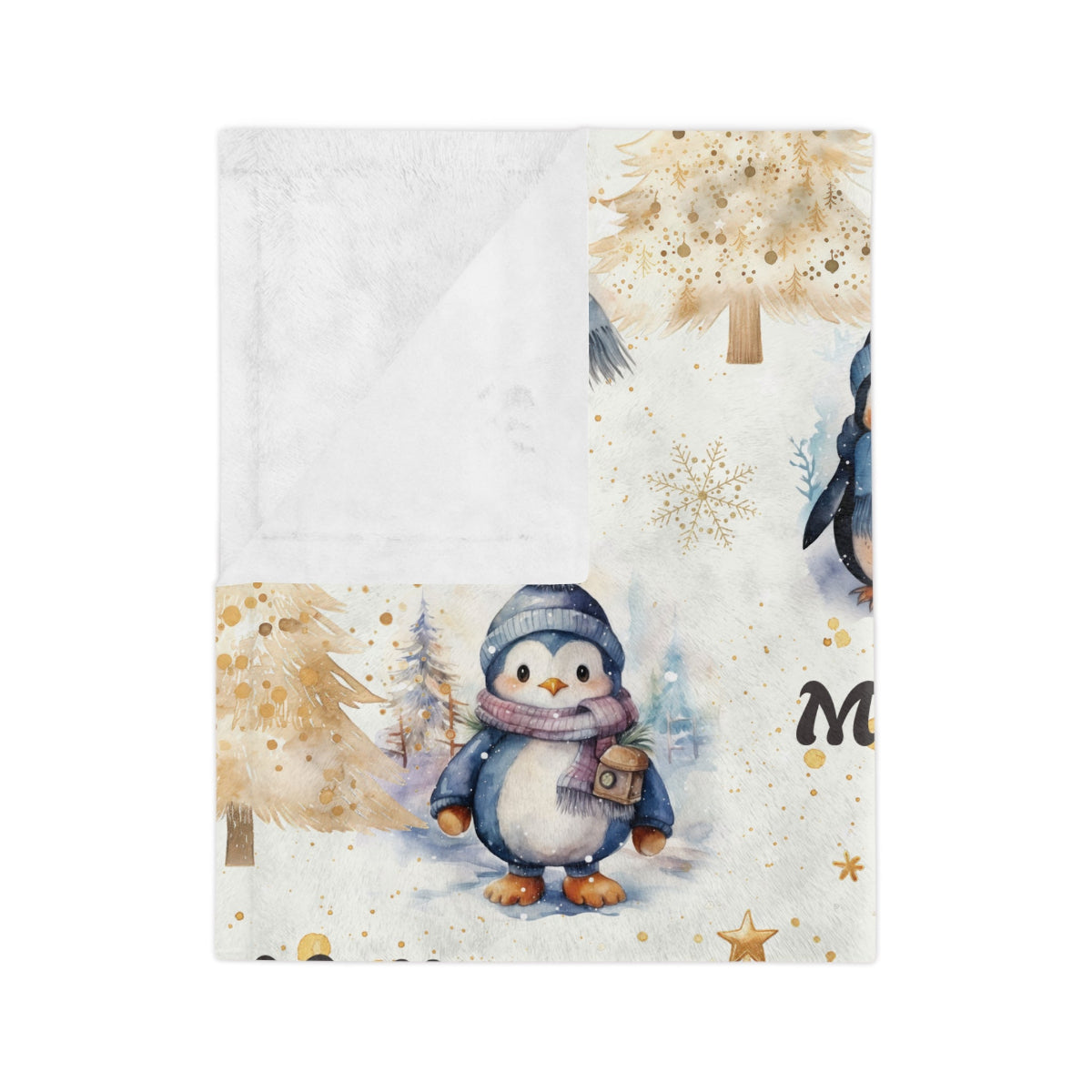 neutrale Babydecke personalisiert mit blauen Pinguinmuster gefaltet, brilliante Farben,