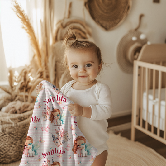 Traumschloss Mikrofaserbabydecke-mit Namen Motiv Prinzessin, Schloss und Herzen