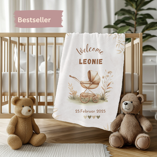nostalgische Babydecke mit Name Geburtsdatum Motiv Kinderwagen