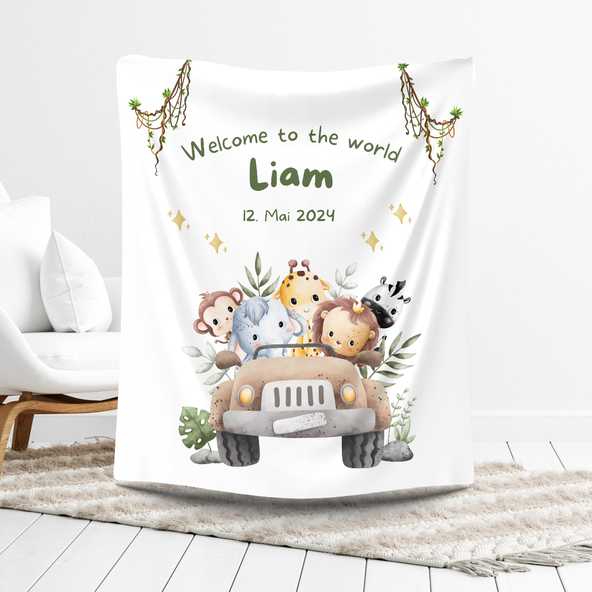 Babydecke mit Name und Dschungelmotiv Ansicht-ideal als Geschenk zu Geburt