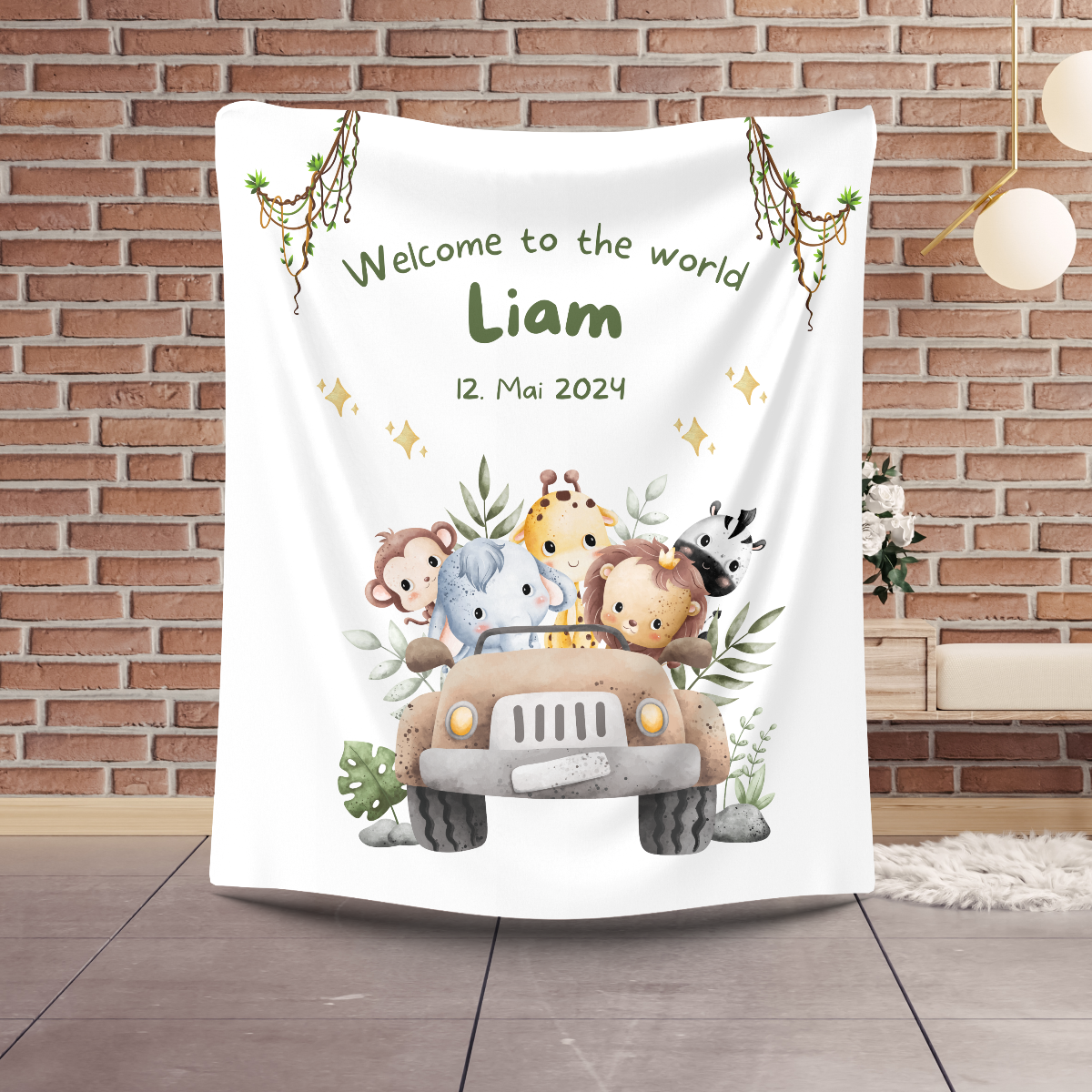 Babydecke mit Name und Dschungelmotiv perfekte Größe von ca. 70 cm x 100 cm