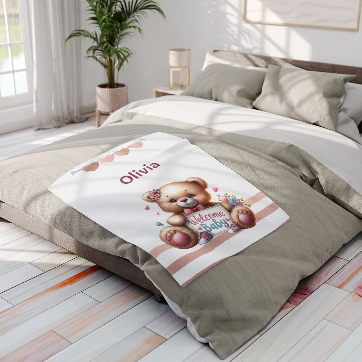 personalisierte Fleecebabydecke Mädchen  und Teddy pflegeleicht, preiswert, strapazierfähig