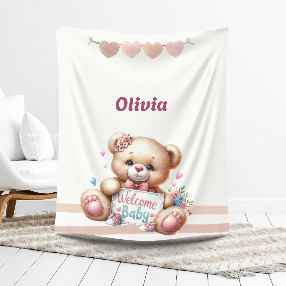 personalisierte Fleecebabydecke Mädchen  und Teddy ideale Größe 70x100 cm